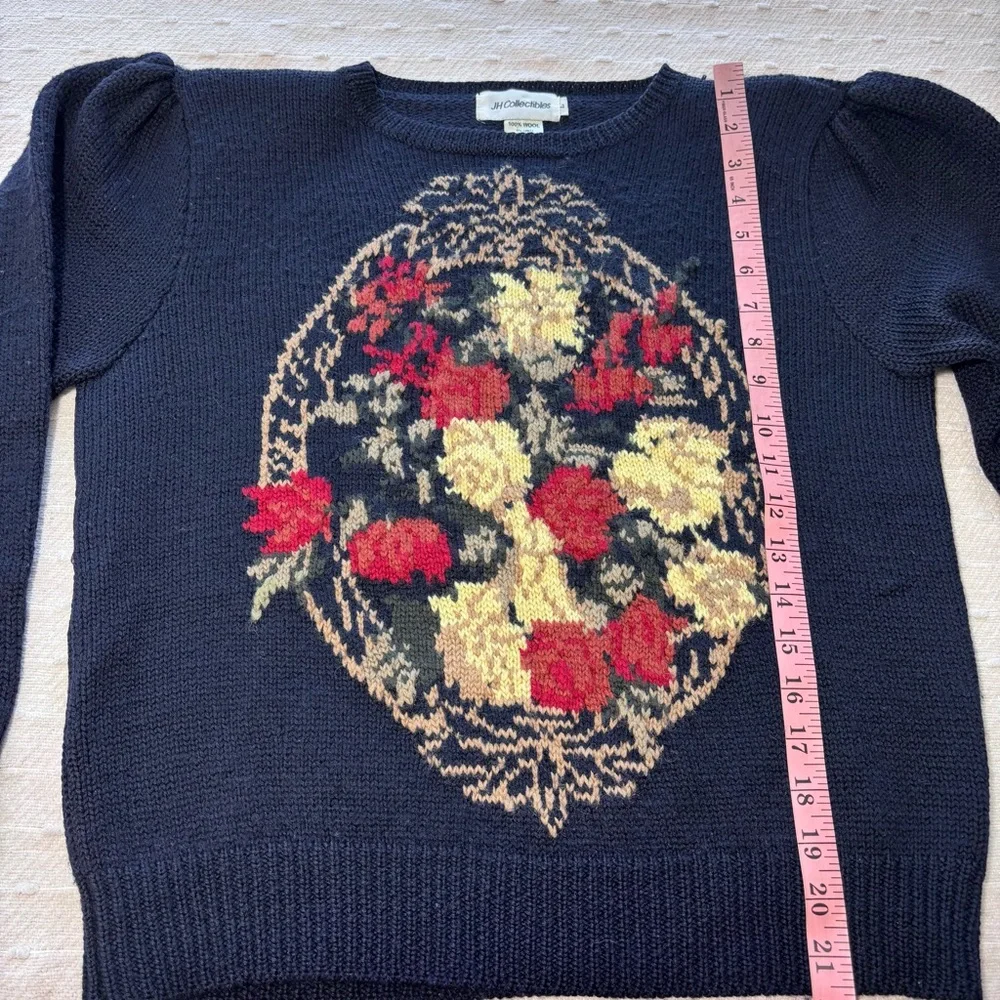 JH Collectibles Vintage 80s Navy Wool Floral Knit‎ Puff Shoulder Cardigan L